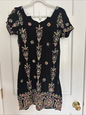 Artisan Hand Embroidered Black Floral Tunic Top Kurti Boho Medium 38